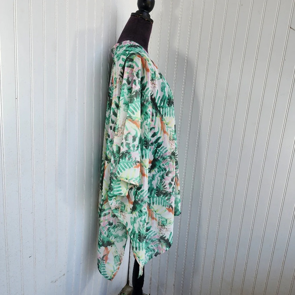 Nina Leonard Top Womens Open Front Sheer Tropical Floral Green Blouse Cover OS - Picture 5 of 10